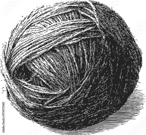 Yarn ball sketch, hand drawn style, detailed textured wool thread bundle — stock vector