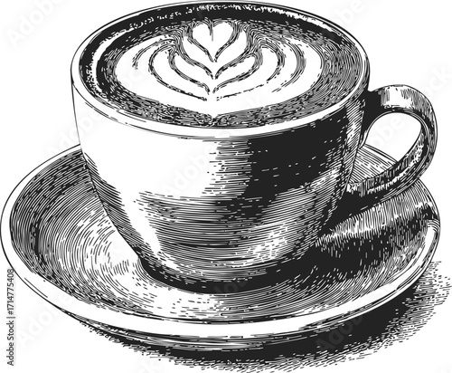 Coffee cup sketch hand drawn with latte art on saucer — stock vector