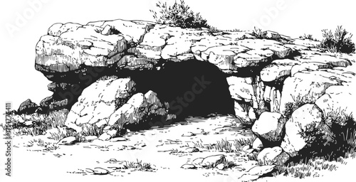Rock cave entrance sketch, hand drawn rocky landscape with boulders and sparse vegetation — stock vector