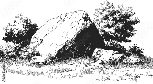 Boulder sketch, hand drawn style with surrounding grass and bushes — stock vector