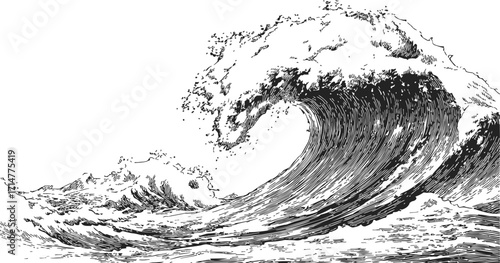 Ocean wave sketch hand drawn style with detailed curling crest and splashing water — stock vector