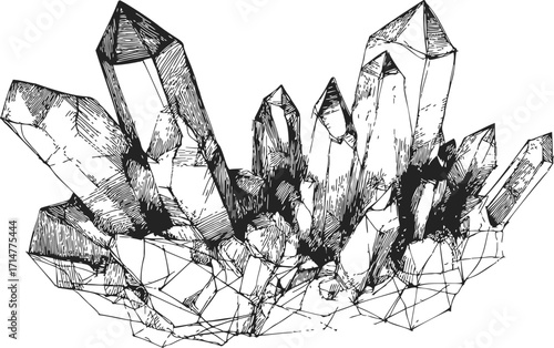 Quartz crystal cluster sketch, hand drawn line art with detailed facets — stock vector