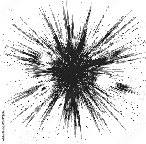 Black explosion sketch hand drawn dynamic burst with ink splatter on white — stock vector