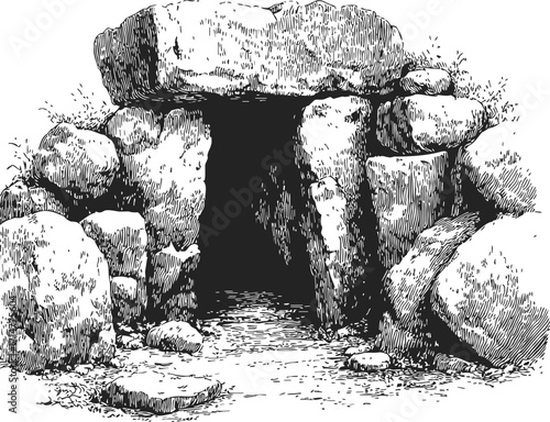 Megalithic tomb sketch, hand drawn ancient stone burial monument entrance — stock vector