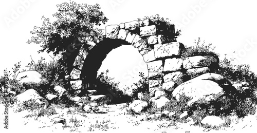 Stone arch sketch, hand drawn style, overgrown with grass and bushes in rocky landscape — stock vector