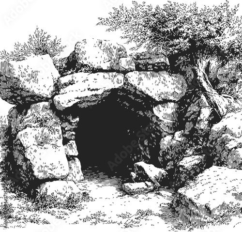 Cave entrance sketch, hand drawn rocky opening with trees and shrubs — stock vector