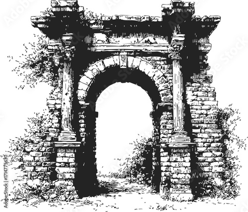 Ancient stone archway sketch, hand drawn ruins with columns and overgrown plants — stock vector