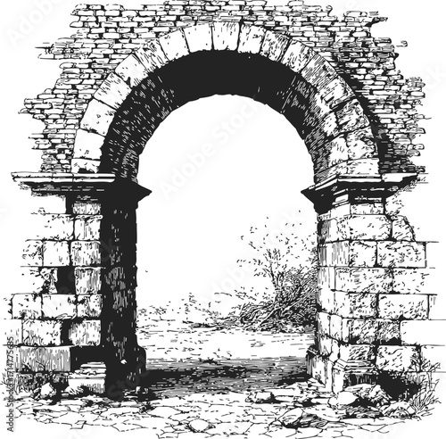Stone archway sketch, hand drawn ancient masonry ruins with detailed crumbling blocks — stock vector