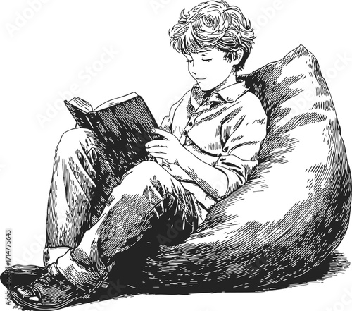 Boy reading book sketch, hand drawn style, sitting on bean bag chair — stock vector