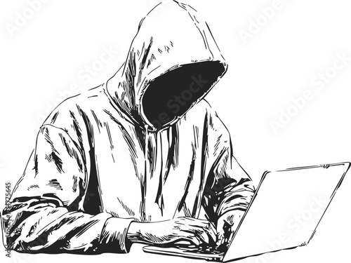 Hooded figure sketch hand drawn style using laptop computer — stock vector