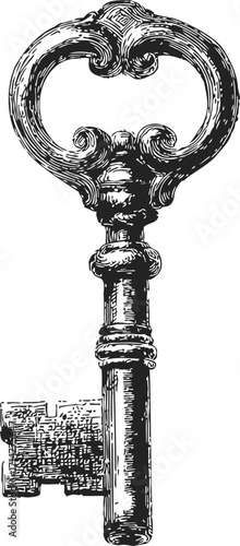 Antique key sketch, hand drawn ornate vintage skeleton key illustration — stock vector
