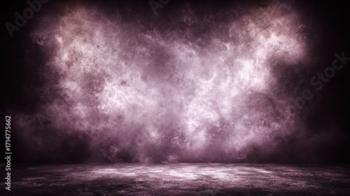 An atmospheric backdrop displays a smoky, purple haze suspended above a dark textured floor, creating a moody and mysterious environment.