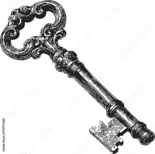 Antique key sketch, hand drawn ornate vintage skeleton key illustration — stock vector
