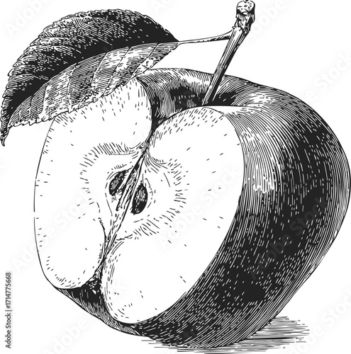 Apple hand drawn sketch, detailed half fruit with leaf and stem — stock vector