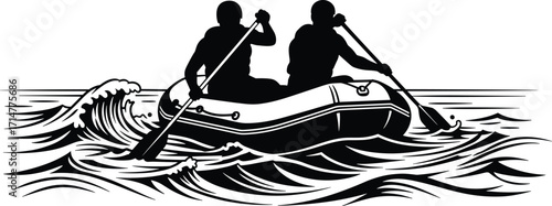 Two people in a black and white vector illustration, white water rafting together, navigating waves and rough rapids on the river.