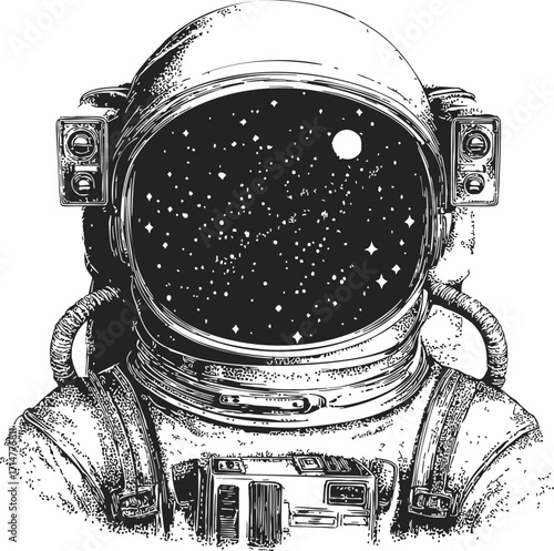 Astronaut helmet sketch hand drawn with starry space reflection in visor — stock vector