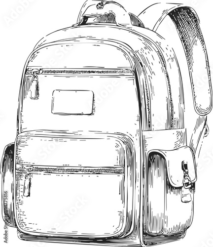 Backpack sketch hand drawn with detailed pockets and zippers — stock vector
