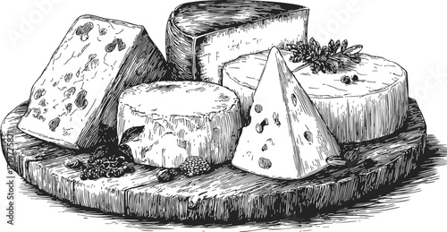 Cheese board sketch hand drawn with assorted cheese varieties and herbs — stock vector