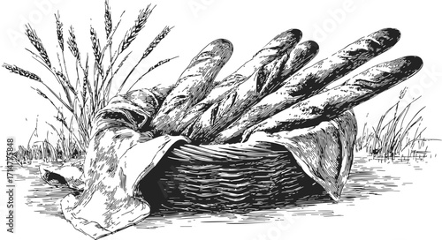Baguette bread basket sketch, hand drawn rustic bakery scene with wheat — stock vector