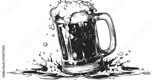 Beer mug sketch hand drawn with overflowing foam and splashing liquid — stock vector
