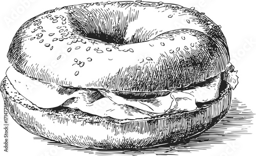 Bagel sandwich sketch hand drawn with sesame seeds and deli meat filling — stock vector