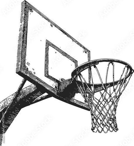 Basketball hoop sketch hand drawn style with detailed backboard and net — stock vector