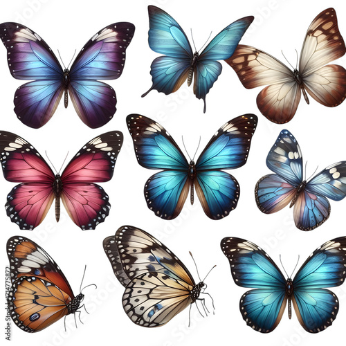 Set of butterflies in different colors with delicate detailed wings, flying in graceful poses, flying  butterflies