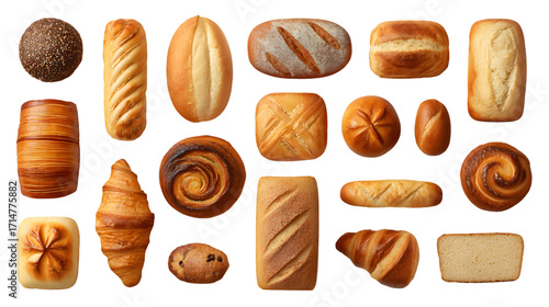 Assortment of baked bread and pastry products isolated on transparent background