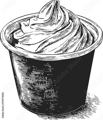 Soft serve ice cream cup sketch, hand drawn style, creamy swirl dessert in container — stock vector