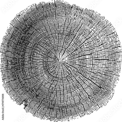 Tree rings sketch, hand drawn cross section showing annual growth rings — stock vector