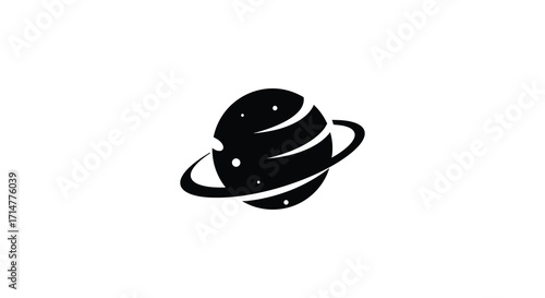 Minimalist design of a dark planet with orbiting rings against a white backdrop