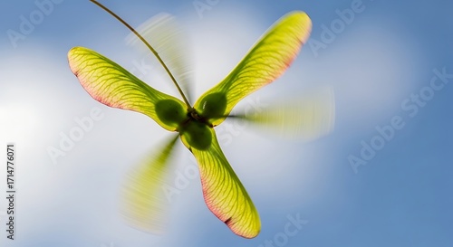 Upward View of a Maple Seed Pod Against a Bright Blue Sky.