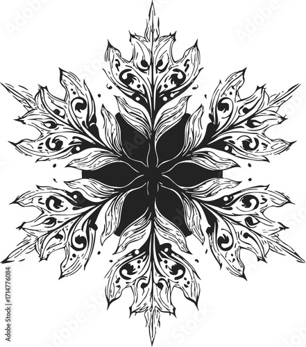 Flower mandala sketch hand drawn black and white ornate symmetrical floral pattern — stock vector