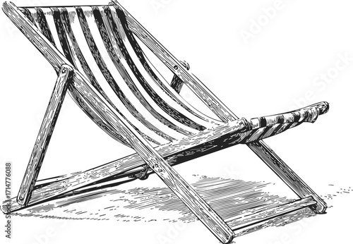 Deckchair sketch hand drawn style classic folding wooden beach chair — stock vector