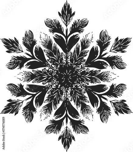 Flower mandala sketch, hand drawn black symmetrical floral ornament with leaf details — stock vector