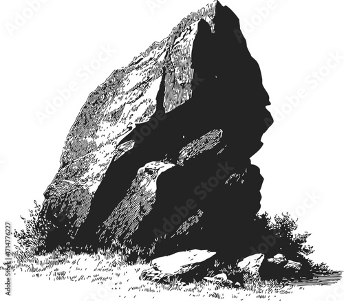 Rock formation sketch, hand drawn style, rugged outcrop with grass and bushes — stock vector