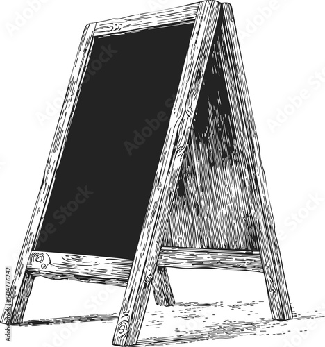 Chalkboard sidewalk sign sketch, hand drawn wooden A-frame with blank board — stock vector