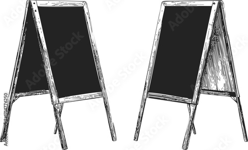 Chalkboard sandwich boards sketch hand drawn style, blank sidewalk sign set — stock vector