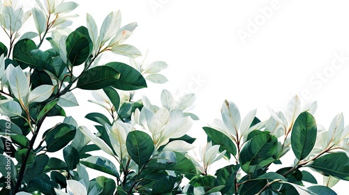 Lush Green Leaves and Creamy White Blossoms