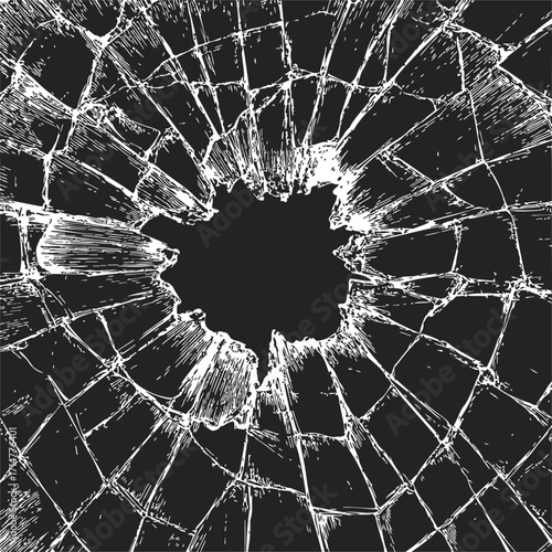 Broken glass sketch, hand drawn style with shattered window impact — stock vector