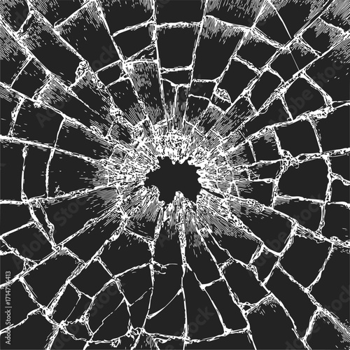 Broken glass sketch, hand drawn vector, radial cracks and shattered window detail — stock vector