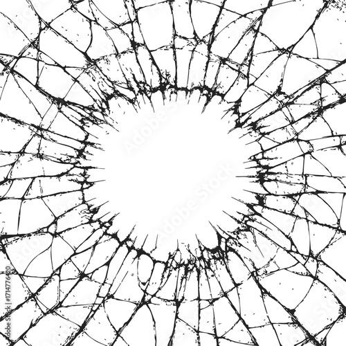 Broken glass sketch, hand drawn circular shattered window with cracks — stock vector