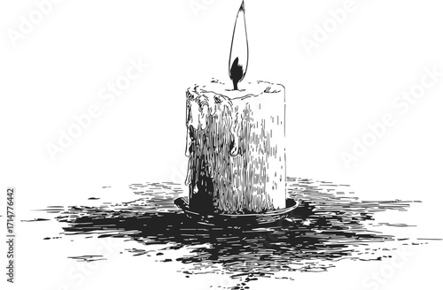 Candle sketch hand drawn with melting wax on plate and shadow — stock vector
