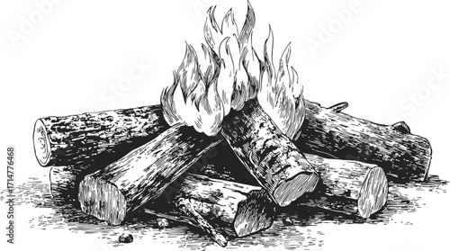 Campfire sketch hand drawn burning logs with flames in rustic outdoor style — stock vector