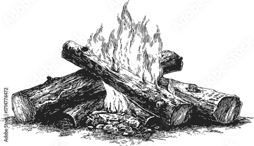 Campfire sketch hand drawn style with burning logs and flames — stock vector