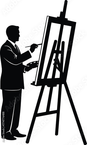 A male artist in a classic silhouette, painting on a canvas with a palette and brush, a creative professional at work.