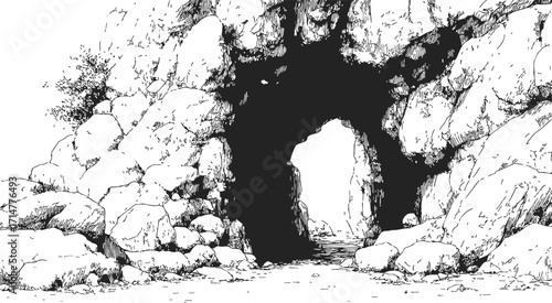 Cave entrance sketch, hand drawn rocky archway with boulders and sparse vegetation — stock vector