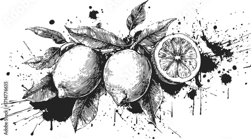 Lemon sketch hand drawn with leaves and ink splatter background — stock vector