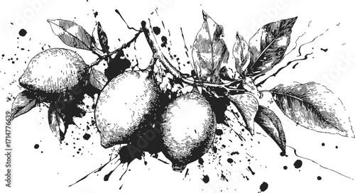 Lemon branch sketch, hand drawn with ink splatter, detailed fruit and leaves — stock vector
