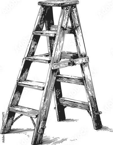 Wooden step ladder sketch, hand drawn style, detailed vintage construction — stock vector
